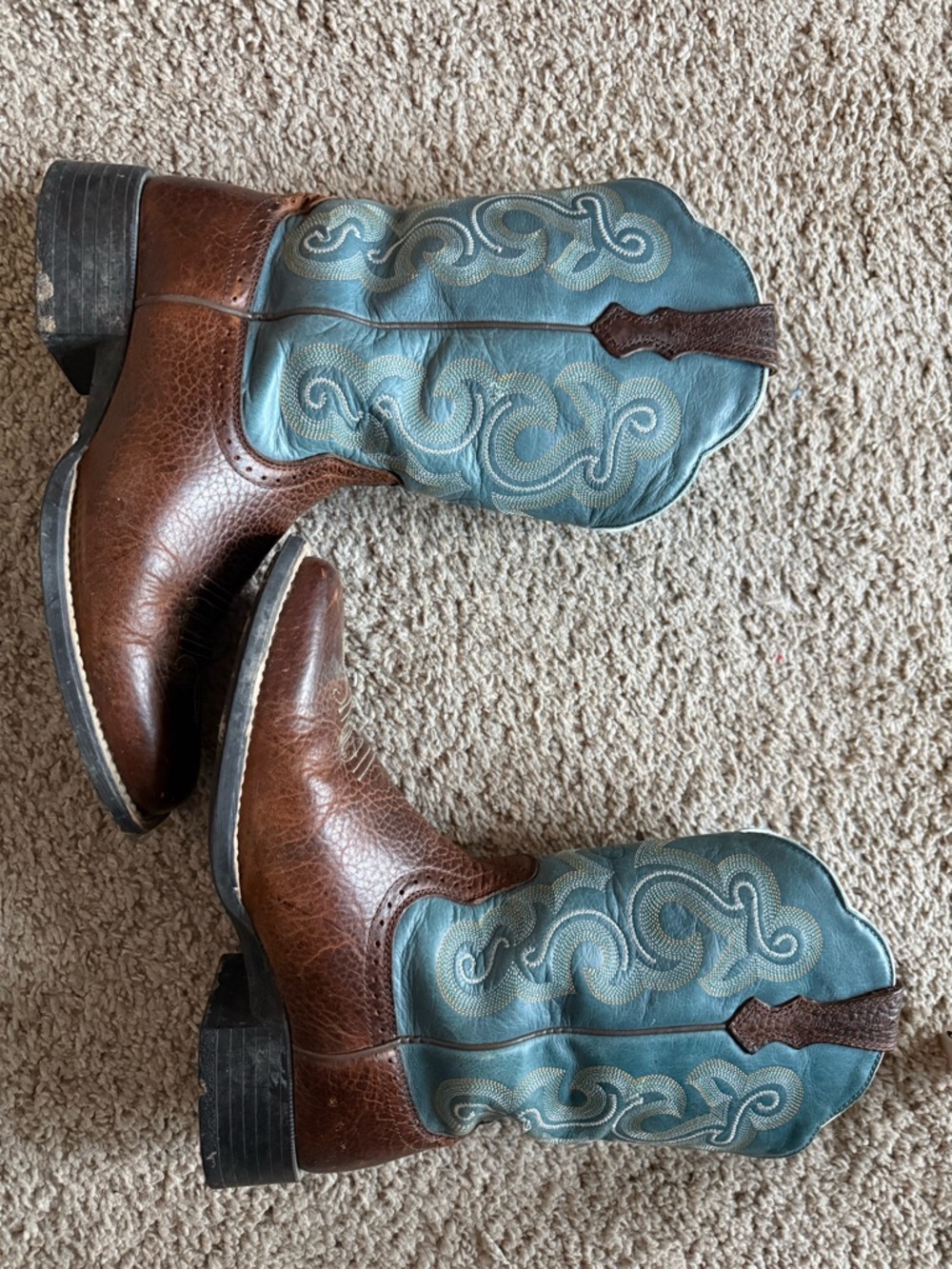 Ariat Brown Leather Cowboy Boots with Teal Stitching